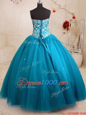 Elegant Beading Quinceanera Dress Teal Lace Up Sleeveless Floor Length