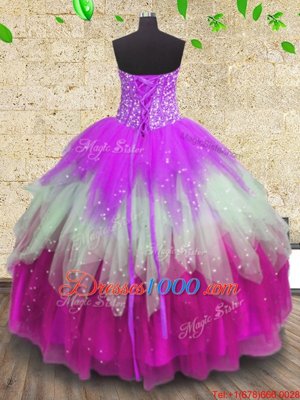 Great Multi-color Ball Gowns Beading and Ruffles and Ruffled Layers Quince Ball Gowns Lace Up Tulle Sleeveless Floor Length