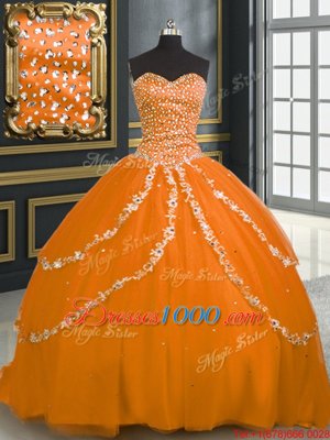 With Train Lace Up Sweet 16 Quinceanera Dress Orange and In for Military Ball and Sweet 16 and Quinceanera with Beading and Appliques Brush Train