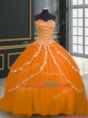 With Train Lace Up Sweet 16 Quinceanera Dress Orange and In for Military Ball and Sweet 16 and Quinceanera with Beading and Appliques Brush Train