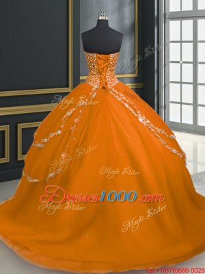 With Train Lace Up Sweet 16 Quinceanera Dress Orange and In for Military Ball and Sweet 16 and Quinceanera with Beading and Appliques Brush Train