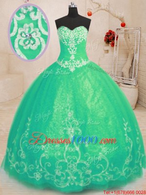 Beading and Embroidery Quinceanera Dresses Turquoise Lace Up Sleeveless Floor Length
