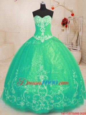 Beading and Embroidery Quinceanera Dresses Turquoise Lace Up Sleeveless Floor Length