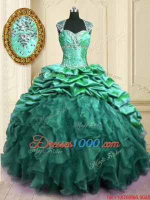 Pick Ups With Train Turquoise Quinceanera Gown Sweetheart Cap Sleeves Brush Train Lace Up