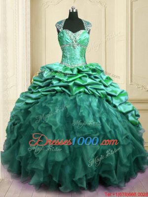 Pick Ups With Train Turquoise Quinceanera Gown Sweetheart Cap Sleeves Brush Train Lace Up