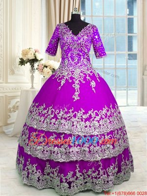 Enchanting Half Sleeves Floor Length Appliques and Ruffled Layers Zipper Sweet 16 Quinceanera Dress with Purple