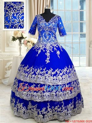 Customized Ruffled Floor Length Ball Gowns Half Sleeves Royal Blue Sweet 16 Quinceanera Dress Zipper