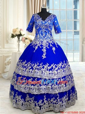 Customized Ruffled Floor Length Ball Gowns Half Sleeves Royal Blue Sweet 16 Quinceanera Dress Zipper