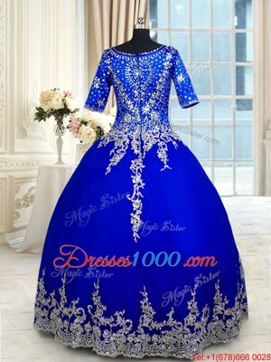 Customized Ruffled Floor Length Ball Gowns Half Sleeves Royal Blue Sweet 16 Quinceanera Dress Zipper