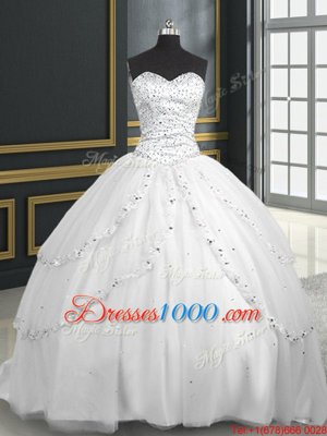 Sumptuous White Sleeveless With Train Beading and Appliques Lace Up Quinceanera Dresses