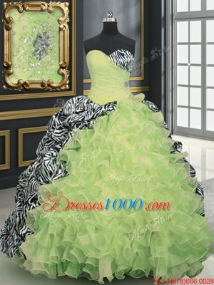 With Train Yellow Green Vestidos de Quinceanera Organza and Printed Brush Train Sleeveless Beading and Ruffles and Pattern
