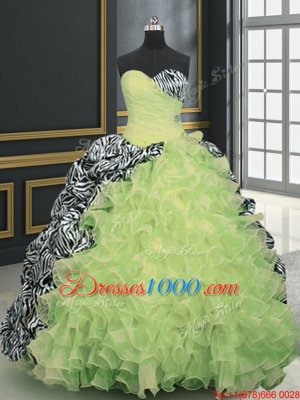 With Train Yellow Green Vestidos de Quinceanera Organza and Printed Brush Train Sleeveless Beading and Ruffles and Pattern