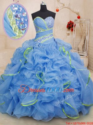 Blue Organza Lace Up Sweetheart Sleeveless With Train 15 Quinceanera Dress Brush Train Beading and Ruffles