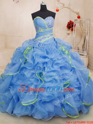 Blue Organza Lace Up Sweetheart Sleeveless With Train 15 Quinceanera Dress Brush Train Beading and Ruffles
