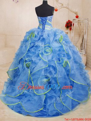 Blue Organza Lace Up Sweetheart Sleeveless With Train 15 Quinceanera Dress Brush Train Beading and Ruffles