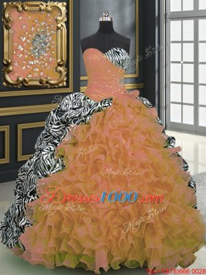 Discount Sleeveless Organza and Printed With Brush Train Lace Up 15th Birthday Dress in Orange for with Beading and Ruffles and Pattern
