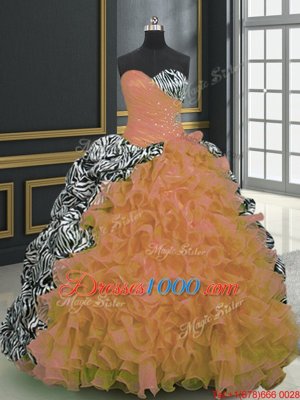 Discount Sleeveless Organza and Printed With Brush Train Lace Up 15th Birthday Dress in Orange for with Beading and Ruffles and Pattern