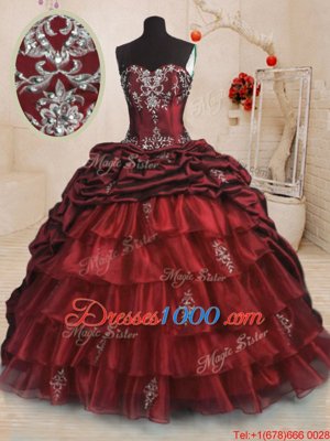 Custom Design Organza and Taffeta Sweetheart Sleeveless Sweep Train Lace Up Beading and Appliques and Ruffled Layers and Pick Ups Quinceanera Gown in Wine Red