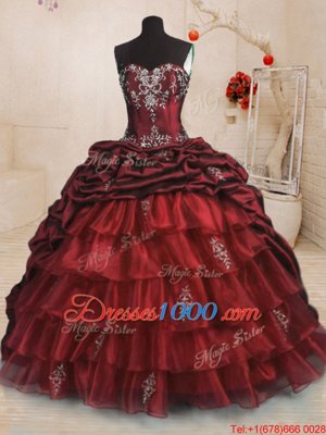 Custom Design Organza and Taffeta Sweetheart Sleeveless Sweep Train Lace Up Beading and Appliques and Ruffled Layers and Pick Ups Quinceanera Gown in Wine Red