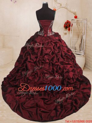 Custom Design Organza and Taffeta Sweetheart Sleeveless Sweep Train Lace Up Beading and Appliques and Ruffled Layers and Pick Ups Quinceanera Gown in Wine Red