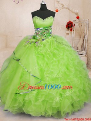 Sleeveless Organza Floor Length Lace Up Quinceanera Dress in Yellow Green for with Beading and Ruffles
