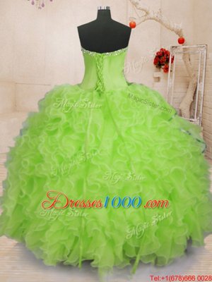 Sleeveless Organza Floor Length Lace Up Quinceanera Dress in Yellow Green for with Beading and Ruffles
