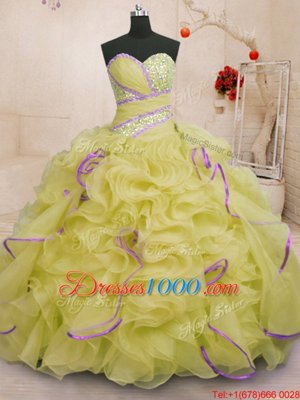 Wonderful Sleeveless With Train Beading and Ruffles Lace Up Sweet 16 Dresses with Yellow Brush Train