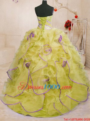 Wonderful Sleeveless With Train Beading and Ruffles Lace Up Sweet 16 Dresses with Yellow Brush Train