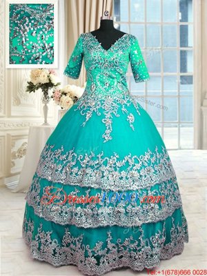 Classical Half Sleeves Zipper Floor Length Beading and Lace and Appliques and Ruffled Layers Sweet 16 Quinceanera Dress