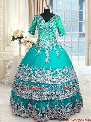 Classical Half Sleeves Zipper Floor Length Beading and Lace and Appliques and Ruffled Layers Sweet 16 Quinceanera Dress
