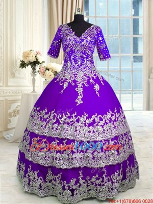 Simple V-neck Half Sleeves Tulle 15th Birthday Dress Beading and Appliques and Ruffled Layers Zipper
