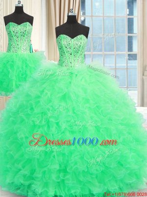 Three Piece Strapless Sleeveless Quince Ball Gowns Floor Length Beading and Ruffles Apple Green Tulle