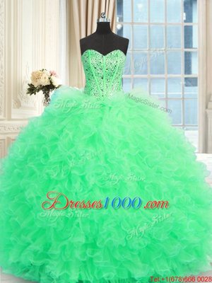 Three Piece Strapless Sleeveless Quince Ball Gowns Floor Length Beading and Ruffles Apple Green Tulle
