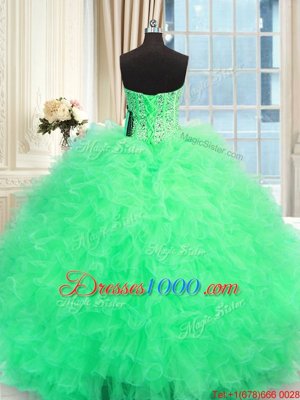 Three Piece Strapless Sleeveless Quince Ball Gowns Floor Length Beading and Ruffles Apple Green Tulle
