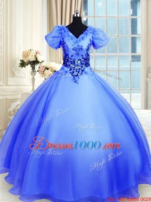 Attractive V-neck Short Sleeves Lace Up Ball Gown Prom Dress Blue Organza
