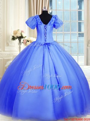 Attractive V-neck Short Sleeves Lace Up Ball Gown Prom Dress Blue Organza