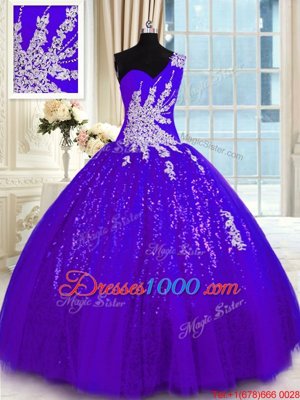 Purple Tulle and Sequined Lace Up One Shoulder Sleeveless Floor Length Quinceanera Gowns Appliques