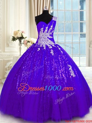 Purple Tulle and Sequined Lace Up One Shoulder Sleeveless Floor Length Quinceanera Gowns Appliques