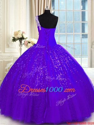 Purple Tulle and Sequined Lace Up One Shoulder Sleeveless Floor Length Quinceanera Gowns Appliques