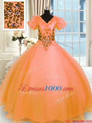 Ball Gowns Sweet 16 Quinceanera Dress Orange V-neck Organza Short Sleeves Floor Length Lace Up