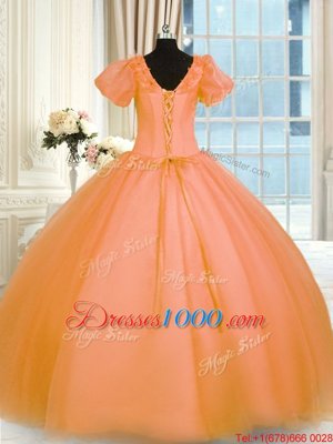 Ball Gowns Sweet 16 Quinceanera Dress Orange V-neck Organza Short Sleeves Floor Length Lace Up