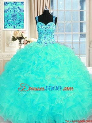 Aqua Blue Ball Gowns Embroidery and Ruffles Quinceanera Gown Lace Up Organza Sleeveless Floor Length