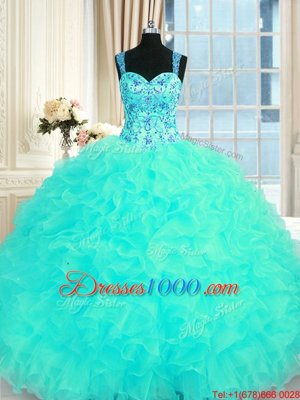 Aqua Blue Ball Gowns Embroidery and Ruffles Quinceanera Gown Lace Up Organza Sleeveless Floor Length