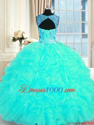 Aqua Blue Ball Gowns Embroidery and Ruffles Quinceanera Gown Lace Up Organza Sleeveless Floor Length