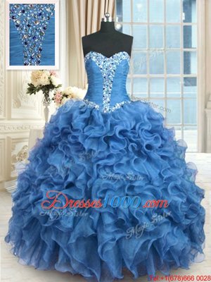 High End Floor Length Lace Up Quinceanera Gown Baby Blue and In for Military Ball and Sweet 16 and Quinceanera with Beading and Ruffles