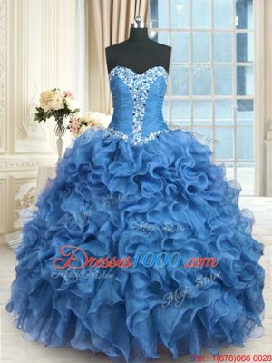 High End Floor Length Lace Up Quinceanera Gown Baby Blue and In for Military Ball and Sweet 16 and Quinceanera with Beading and Ruffles