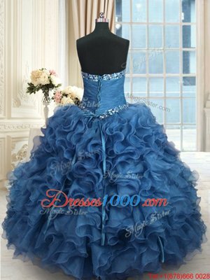 High End Floor Length Lace Up Quinceanera Gown Baby Blue and In for Military Ball and Sweet 16 and Quinceanera with Beading and Ruffles