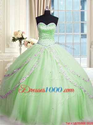 Apple Green Tulle Lace Up Quinceanera Gowns Sleeveless With Train Court Train Beading and Appliques