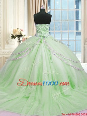 Apple Green Tulle Lace Up Quinceanera Gowns Sleeveless With Train Court Train Beading and Appliques