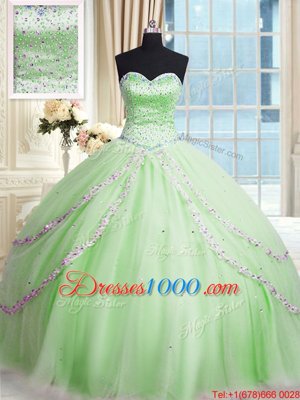 Apple Green Tulle Lace Up Quinceanera Gowns Sleeveless With Train Court Train Beading and Appliques